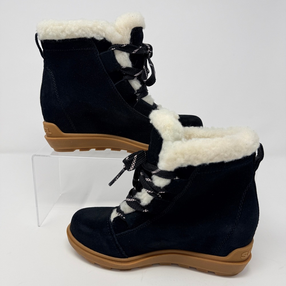 Sorel Women's Ankle Boots Black Suede Shearling Wedge Winter Snow Shoes - Picture 3 of 7